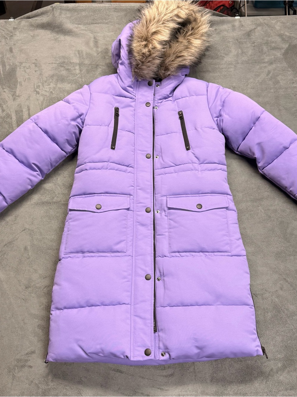 George Lavender Puffer Coat with Faux Fur Hood